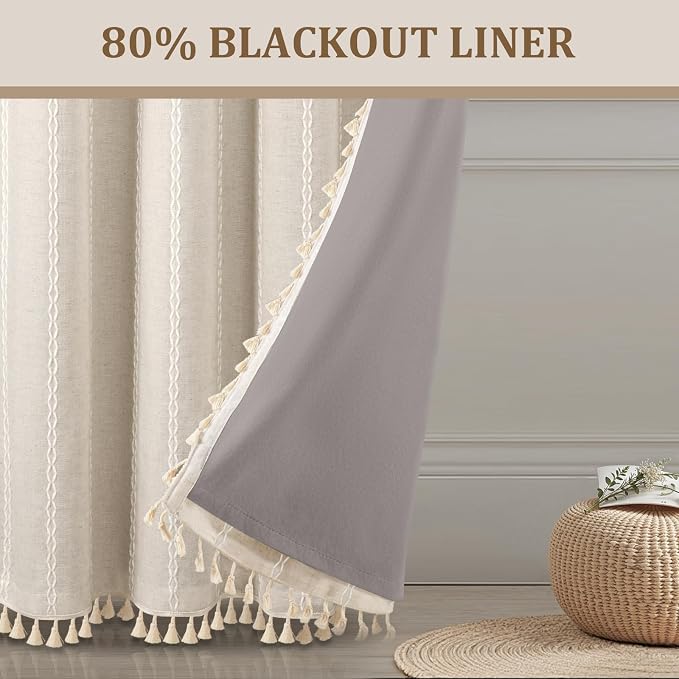 80% Boho Blackout Curtains 84 Inch Linen Blend Drapes 2 Panels | Vintage - Image 2