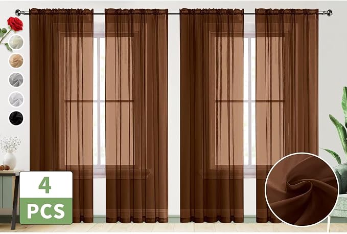 SpaceDresser Brown Sheer Curtains 4 Panels Rod Pocket Semi-Sheer Curtain 54 - Image 2