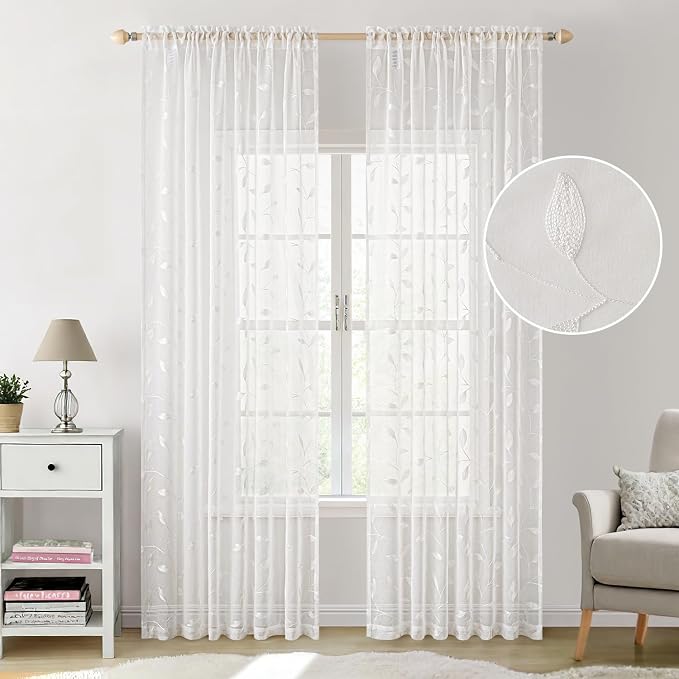 MIULEE White Sheer Curtains 2 Panels Embroidered Leaf Patterned, W52 x L96 | - Image 2