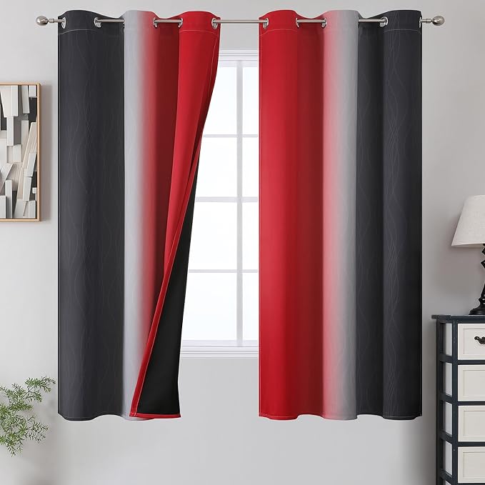 Ombre Red and Black Curtains 63 Inch Length 2 Panels, 100% Blackout Curtains by ESTELARTEXTILER