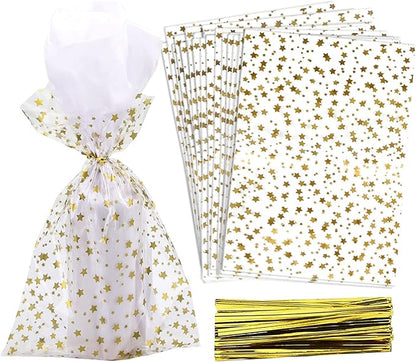 100 Pcs Star Printed 4"X 9" Gift Wrap Cello Cellophane Treat Bags Party Favor by COQOFA