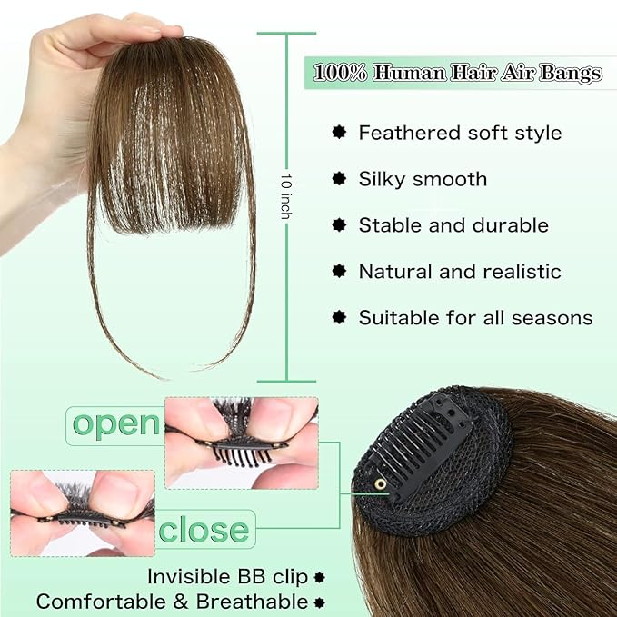 NAYOO Bangs Hair Clip - Light Brown Fake Bangs 100% Real Human Hair Extensions Wispy Bangs for Women Fringe with Temples Hairpieces Curved Bangs for Daily Wear(Light Brown, Wispy Bangs)