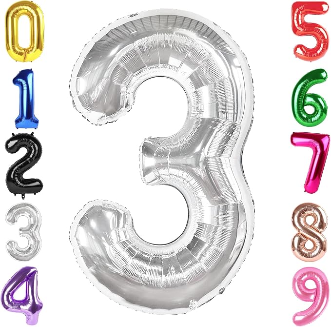 40 Inch Silver Number 3 Balloon Birthday Party Decorations by Hadoife