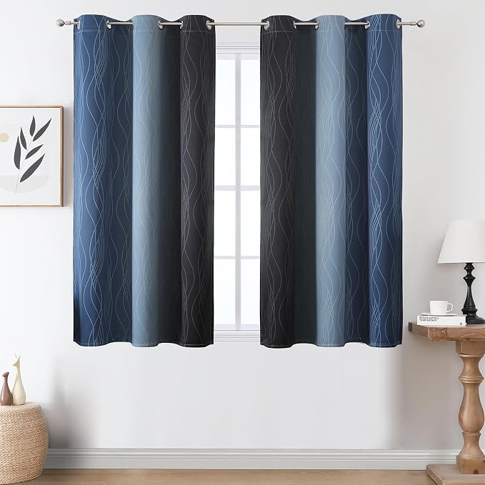 Black and Navy Blue Ombre Blackout Curtains 45 Inches Long, Full Room Darkening - Image 2