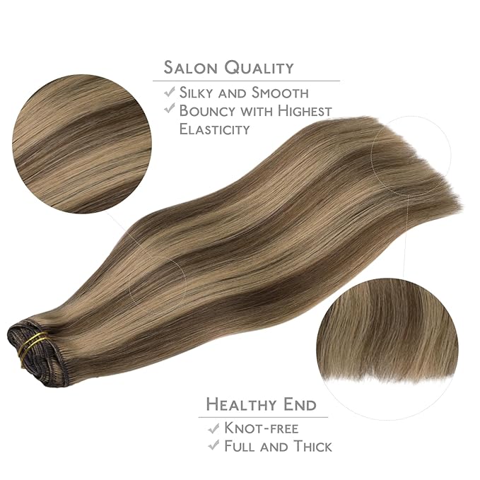 WENNALIFE Clip in Hair Extensions Real Human Hair, 20 Inch 120g 7pcs Human Hair Extensions Clip In Human Hair, Balayage Chocolate Brown to Caramel Blonde Hair Extensions Clip In Real Hair Coloured