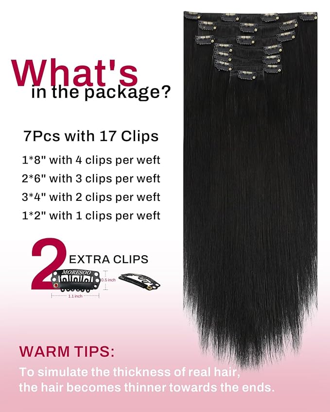 Moresoo Black Clip in Hair Extensions Real Human Hair Natural Black Hair Extensions Clip in Long Remy Human Hair Straight for Women Full Head 120g/7pcs 22 inch