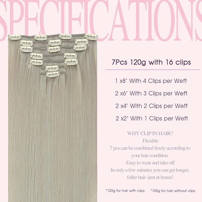 PINKPEARL Clip in Hair Extensions Real Human Hair, 16 Inch 120g 7pcs #1000 Gray Blonde Human Hair Extensions Clip Ins, Remy Hair Clip ins(#1000-16)