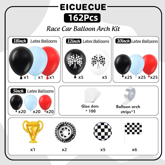 Race Car Balloons Arch Kit -162Pcs Trophy, Wheels and Red Black Blue Balloon - Image 2