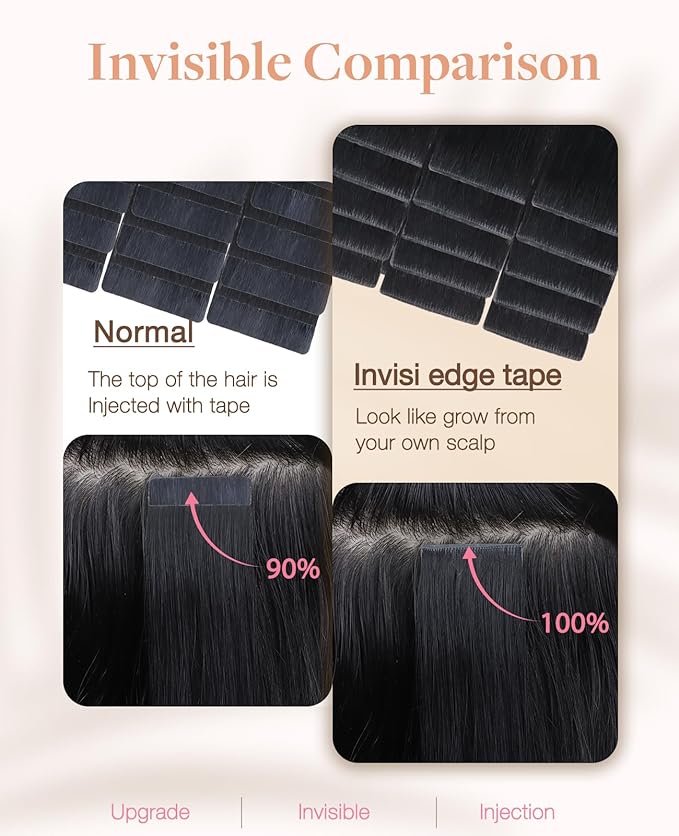 GOO GOO Invisi Edge Tape in Hair Extensions Human Hair, 1 Jet black, 10pcs 16inch 25g, Virgin Remy Hair, Seamless Injected Tape, Natural Look