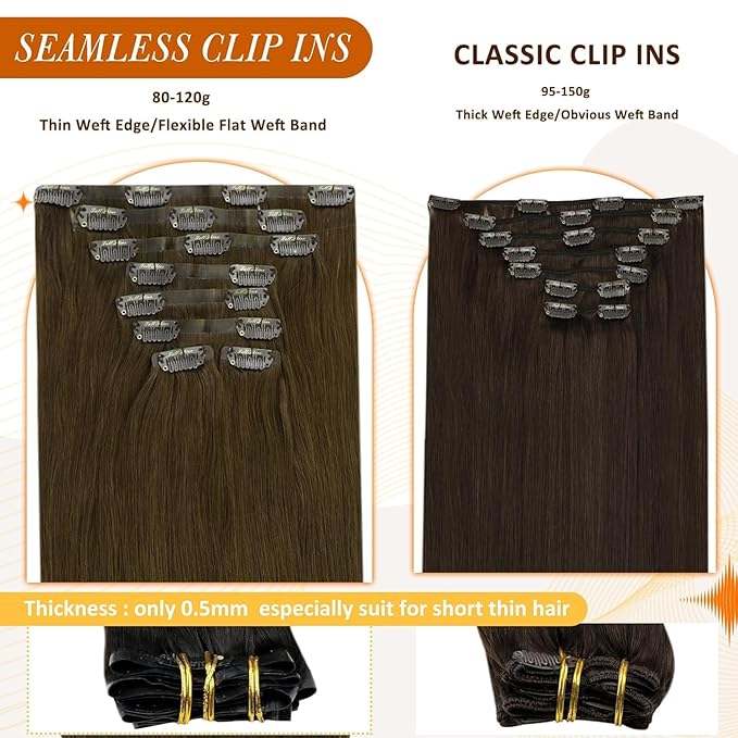 Full Shine Human Hair Clip in Extensions Brown Seamless Hair Extensions Clip in Medium Brown with PU Weft Real Human Hair Clip ins for Women 16 Inch 120 G 8 PCS