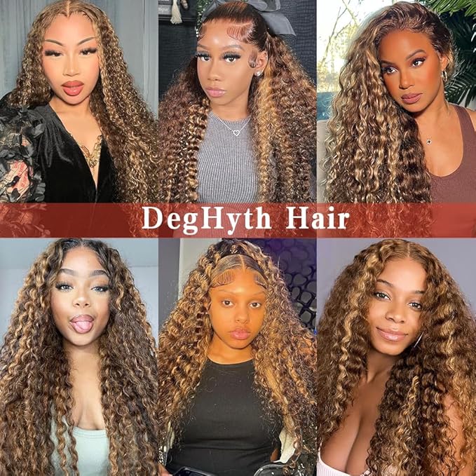 Highlight Ombre 13x6 Lace Front Wig Human Hair Deep Wave Honey Blonde Glueless HD Transparent Lace Frontal Wigs for Women 180 Density Human Hair (highlight ombre deep wave, 34 inch)