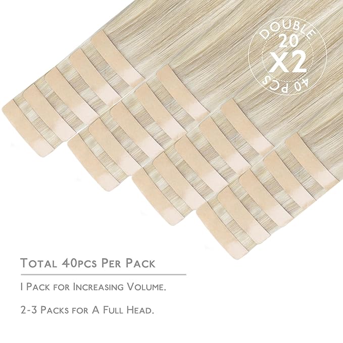 WENNALIFE Tape in Hair Extensions Human Hair, 40pcs 100g 24 inch Ash Blonde Highlighted Platinum Blonde Hair Extensions Real Human Hair Straight Tape in Extensions Invisible Human Hair Extensions
