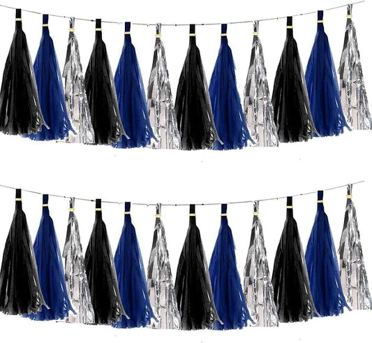 We Moment Black Navy Blue and Silvery Tissue Paper Tassels Party Tassel Garland by We+Moment
