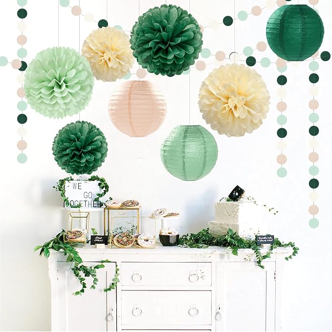 Sage-Olive Green Party-Decorations Paper-Flowers Lanterns - Image 2