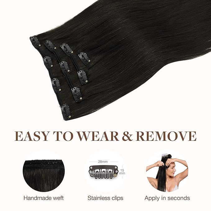 GOO GOO Clip in Hair Extensions Real Human Hair, Remy Human Hair Extensions Clip ins for Women, Natural Human Hair, 16inch 65g 4Pcs, 2 Dark Brown