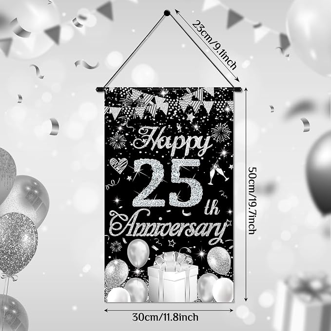 Happy Anniversary Decorations Small Banner Black Silver Happy 25th Anniversary - Image 3