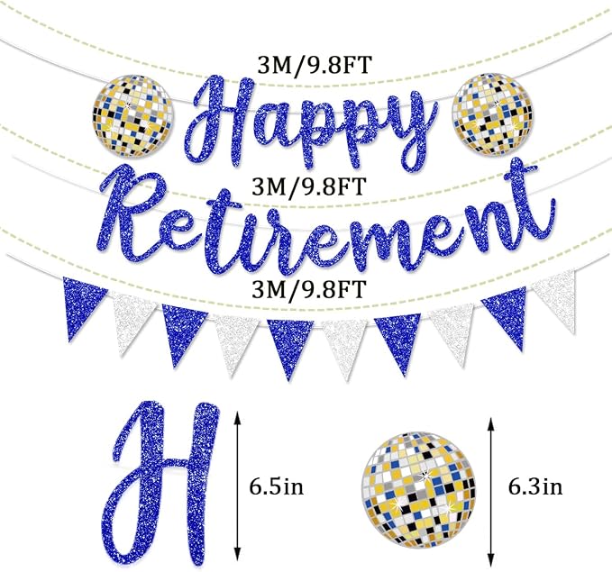 Pre Strung Happy Retirement Banner Party Decorations | Blue Glitter Sign Bunting - Image 3