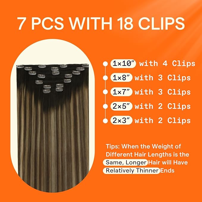Full Shine Clip in Hair Extensions Human Hair Brown Balayage 16 Inch Real Hair Extensions Clip ins 120 Grams Dark Brown to Brown Mix Honey Blonde Seamless Human Hair 7 Pcs