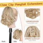 KooKaStyle Ponytail Extension, 10" Short Claw Clip in Pony Tails Hair Extensions Curly Wavy Synthetic Drawstring Hairpieces for Women(Blonde with White Highlights)