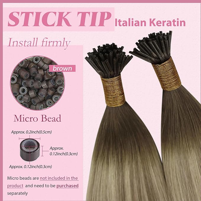 YoungSee Itip Hair Extensions Real Human Hair Ombre I Tip Hair Extensions Balayage Dark Brown to Brown with Blonde Itip Human Hair Extension Short Hair Extension 14In 50g 80s