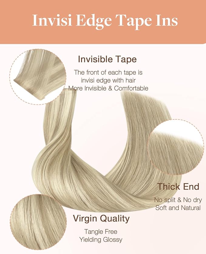 GOO GOO Invisi Edge Tape in Hair Extensions Human Hair, 17A/60A Ash Blonde Highlighted Platinum Blonde 10pcs injected with 10pcs classical tape ins, 18inch 50g, Virgin Remy Hair, Natural Look
