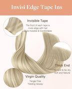GOO GOO Invisi Edge Tape in Hair Extensions Human Hair, 17A/60A Ash Blonde Highlighted Platinum Blonde, 20pcs 14inch 50g, Virgin Remy Hair, Seamless Injected Tape, Natural Look