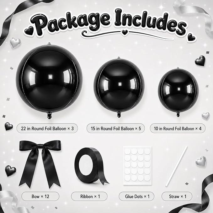 Black Round Foil Balloons with Satin Bows and Ribbon - Image 2