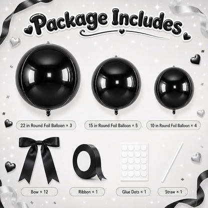 Black Round Foil Balloons with Satin Bows and Ribbon - Image 2