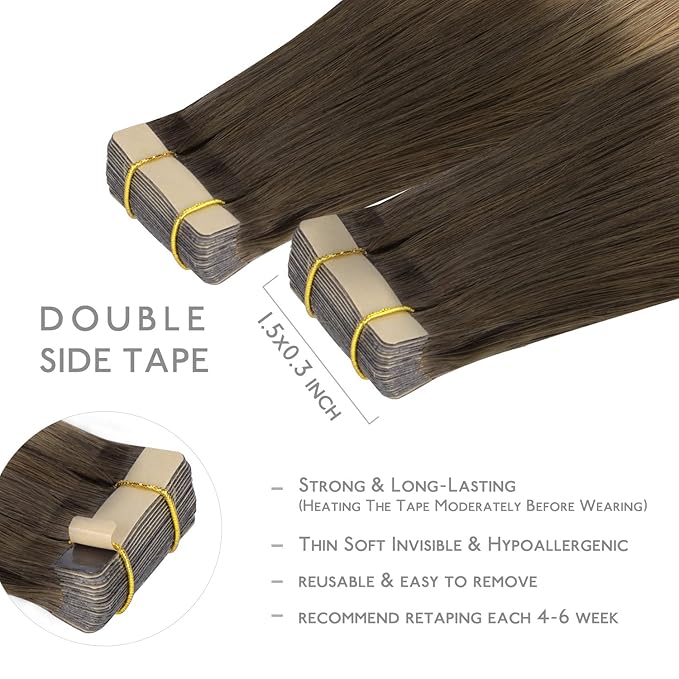 WENNALIFE Tape in Hair Extensions Human Hair, 20pcs 30g 10 inch Ombre Walnut Brown to Ash Brown and Bleach Blonde Remy Hair Extensions Straight Human Hair Tape in Extensions Skin Weft Tape Extensions