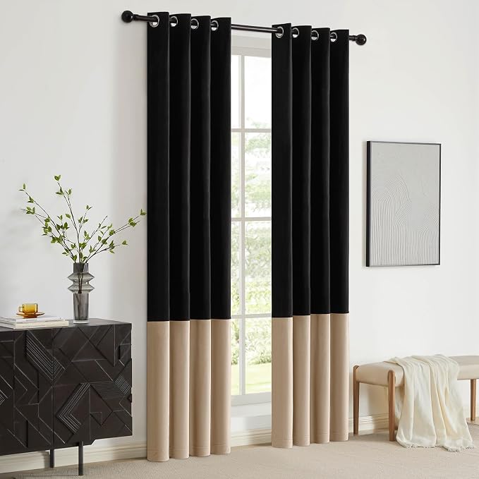 Black Beige Velvet Blackout Curtains Luxury Decor 90 inches, Color Block | - Image 5