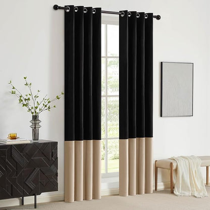 Black Beige Velvet Blackout Curtains Luxury Decor 90 inches, Color Block | - Image 5