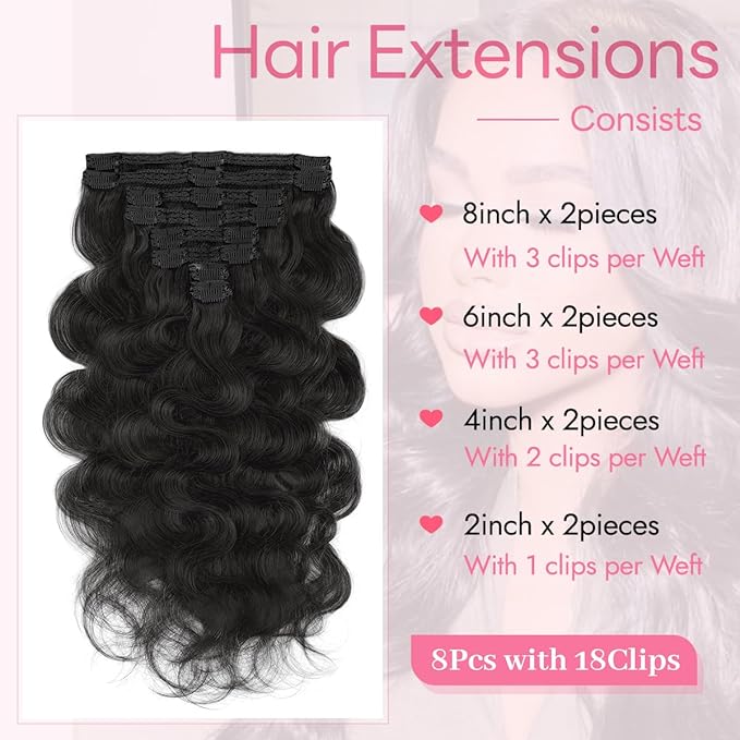 Clip in Hair Extensions Real Human Hair Body Wave 1B Natural Black Clip in 100% Brazilian Remy Human Hair Extensions 8pcs Per Set with 18 Clips Double Weft 20 Inch 105g/3.6oz