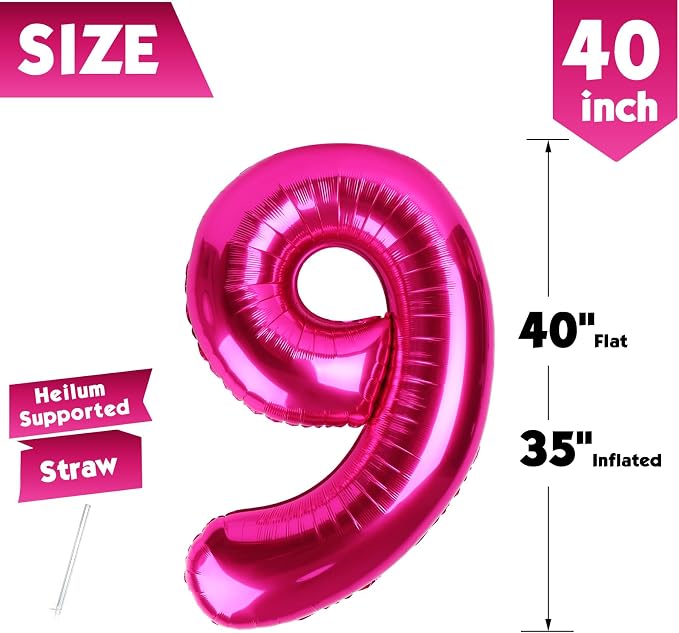 40 Inch Hot Pink Number 9 Balloon, 9th Birthday Party Decorations | 40 Inch Hot - Image 5