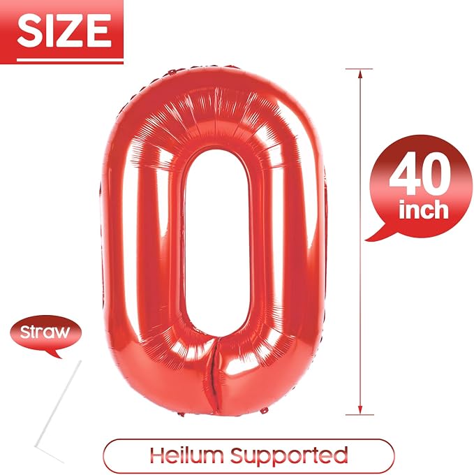 0 Balloon - Red Birthday Number Balloons, 40 Inch Decorations Men Women | Red - Image 5