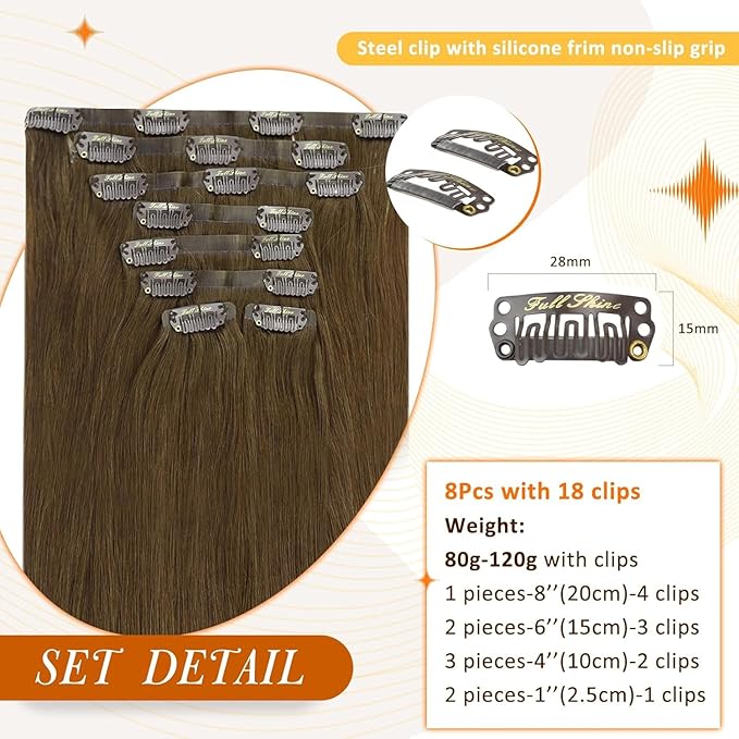Full Shine Human Hair Clip in Extensions Brown 22 Inch Seamless Clip in Hair Extensions Human Hair Remy Medium Brown for Long Hair Thick Ends 8 PCS 120 Grams