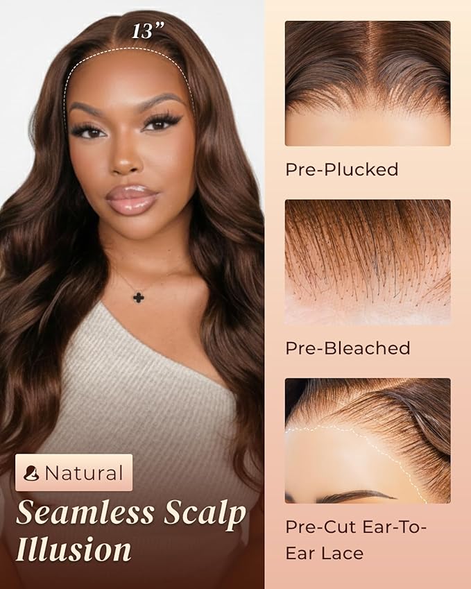 Arabella 13x6 Chocolate Brown Lace Front Wig Human Hair 4# Body Wave Wigs Human Hair Pre Plucked Glueless Brown Frontal Wig Human Hair 26 Inch