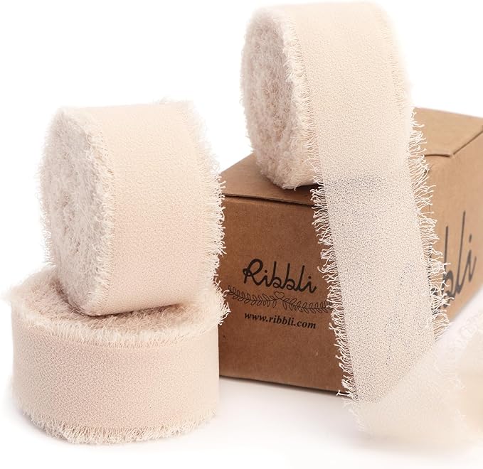 Ribbli Champagne Ribbon 1 Inch x 3 Rolls Total 24 Yards Nude Handmade Fringe by Ribbli