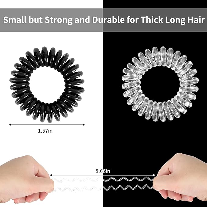 79STYLE 50Pcs Spiral Hair Ties Black Clear Coil Hair Ties Phone Cord Plastic Ponytail Holders Bulk Clear Hair Coils For Women Gris Thin Thick Curly Hair (Black and Transparent)
