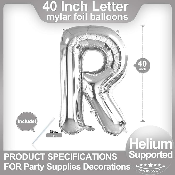 40 Inch Silver Letter R Balloons, DIY Phrase Foil Alphabet Letter R Balloons - Image 2