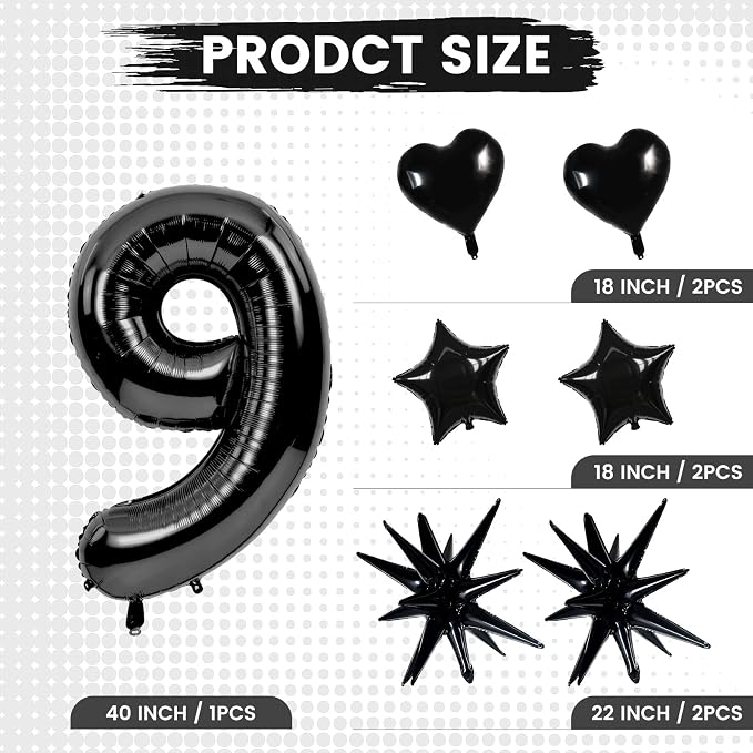 TONIFUL 9th Birthday Balloons Kit 40 Inch Black Large Number 9 Foil Balloon | - Image 2
