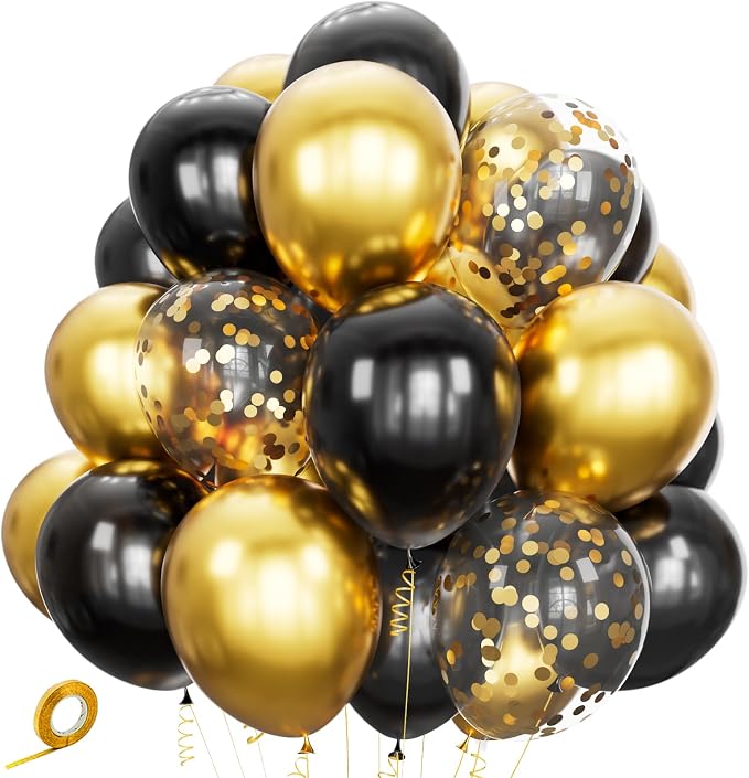 Black Gold Confetti Balloons 50 Pack 12 inch Black and Gold Metallic Latex by ASIYUHY