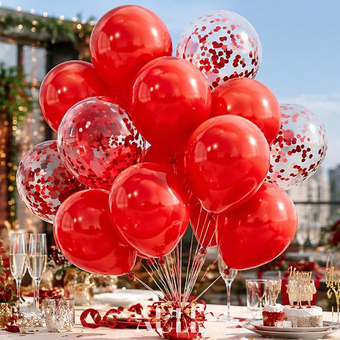 AULE 42Pcs Latex 12 Inch Red Confetti Balloons Set | Red Party Balloons - Image 5