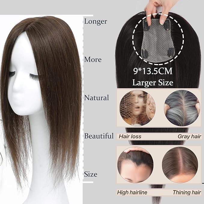 Hair Toppers for Women Real Human Hair, 360° 3D Human with Thinning Upgrade Middle Part Clip in Bangs Topper Hair Pieces for Women Daily(Medium Brown, 18 Inch-3D-Side)