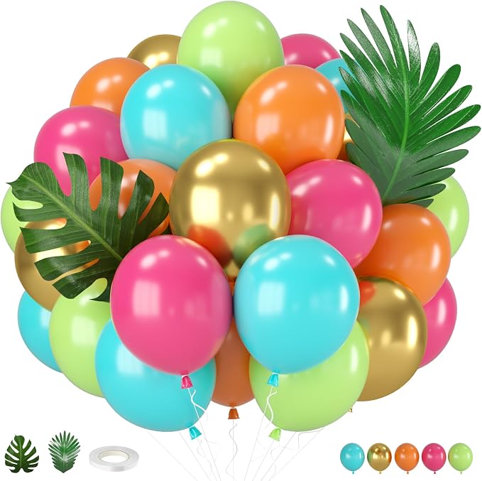 Tropical Balloons, 12 Inch Teal Metallic Gold Orange Pink Hot Fruit Green by Saxuxu