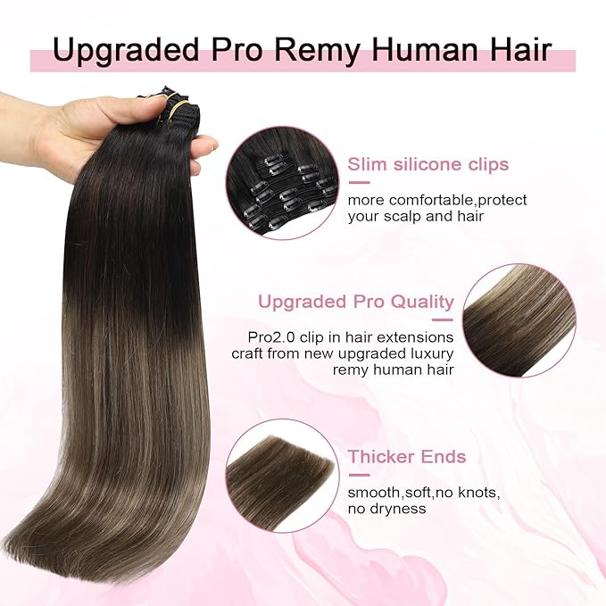 Pro2.0 Remy Clip in Extensions Real Human Hair #1b/4/27 Natural Black to Chocolate Brown and Caramel Blonde Clip in Hair Extensions Real Human Hair 18inch 120g Thick 7pcs（#1b/4/27-18inch）