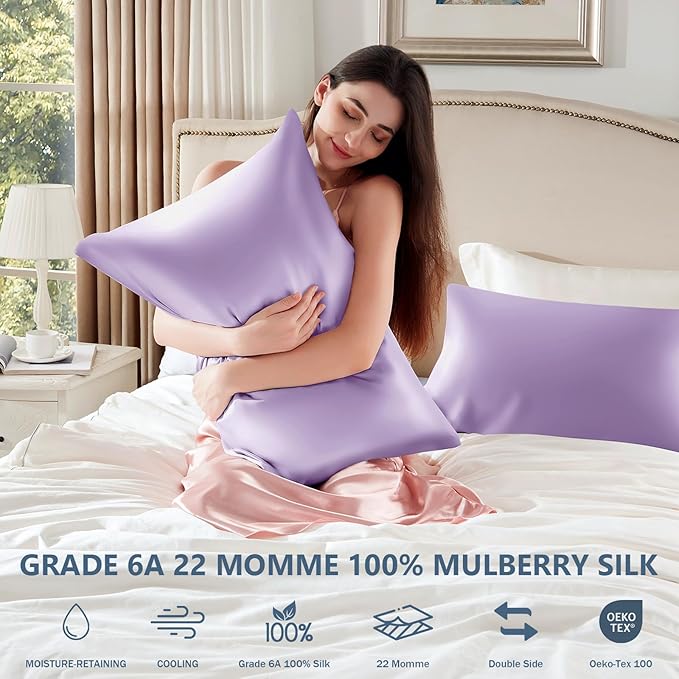 Silk Pillow Cases 2 Pack King Size Mulberry Silk Pillowcase Set of 2 for Hair & Skin 36 x 20 Inches 22 Momme Both Sided Grade 6A Silk Soft Breathable Cooling with Hidden Zipper, Lavender