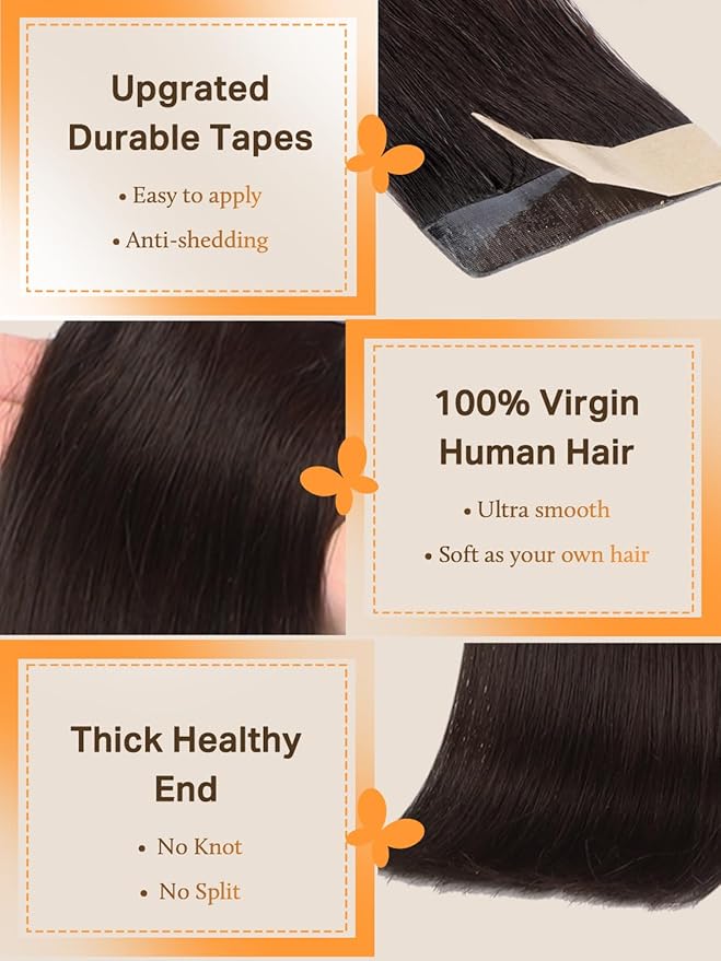 DOORES Tape-in Hair Extensions, Real Hair, Dark Brown, 10 Inch, 20g, 10pcs, Straight Remy, Seamless Weft