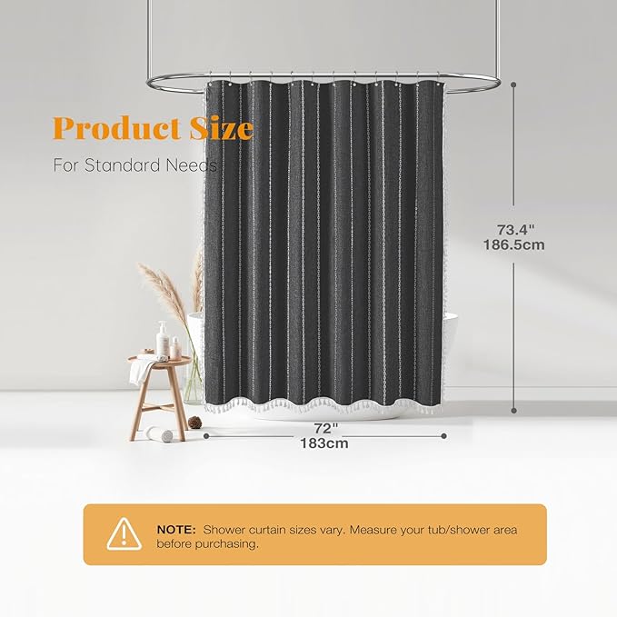 Charcoal Grey Boho Farmhouse Linen Heavy Duty Shower Curtain, 72x72 | 330GSM - Image 7