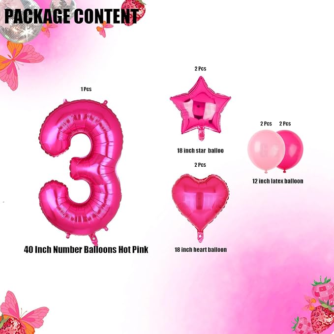 40 Inch Number Balloons Hot Pink 3 Cowgirl Pink 3rd Birthday Decor 9 Pcs | - Image 2