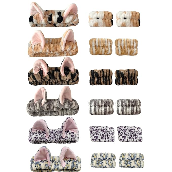 18PCS Cute Cat Ears Spa Headband for Washing Face Makeup Skincare Headband with Wrist Bands, Sleepover Party Supplies for Women/Teen Girl Trendy Stuff Present (18PCS Cat Ears, standard size)